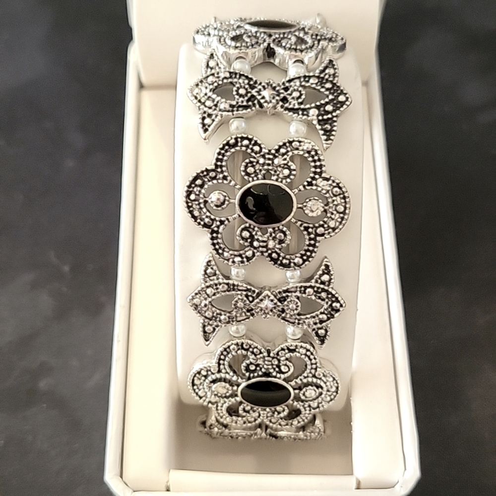 Vintage Silver-Plated Marcasite Bracelet With Black Onyx & Rhinestones/Pearls - Picture 2 of 4